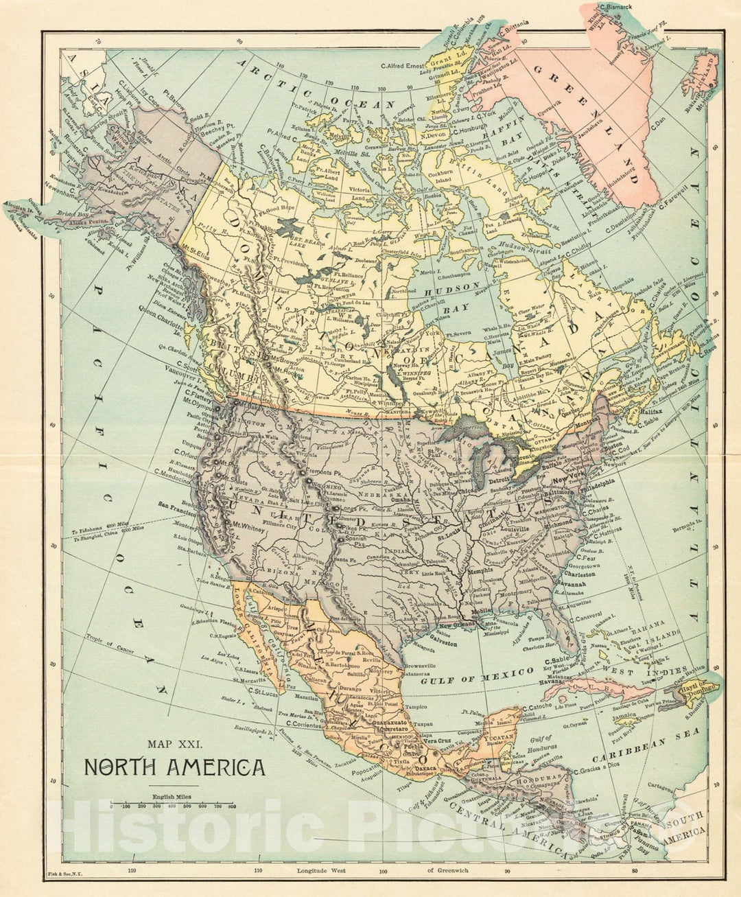 Historical Map, 1890-1900 North America, Vintage Wall Art