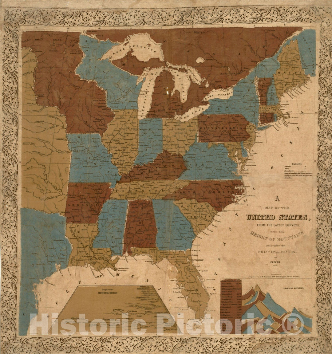 Historical Map, ca. 1841 Map of The United States, from The Latest surveys : with The Heights of Mountains and Length of The Principle Rivers, Vintage Wall Art