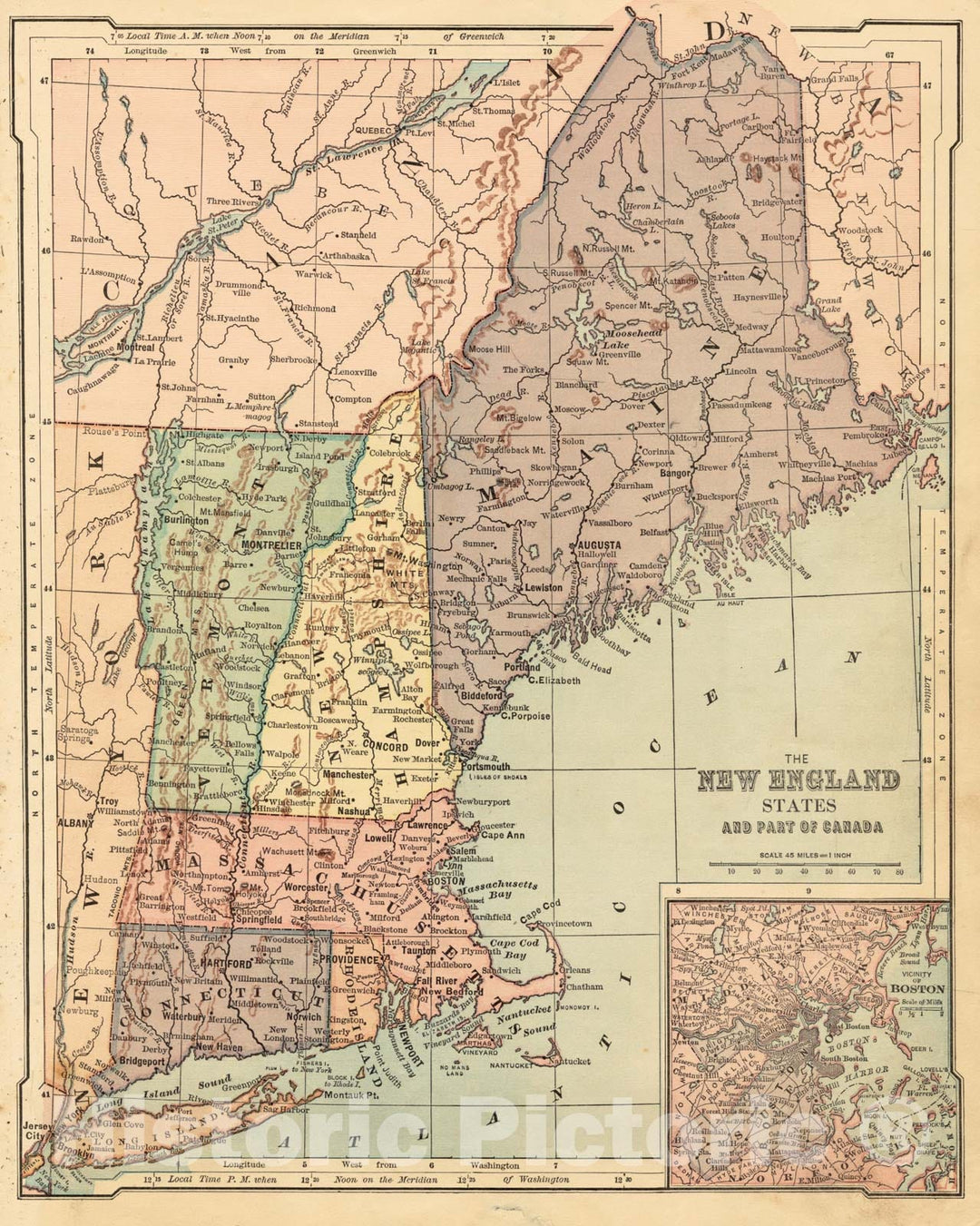 Historical Map, 1880-1890 The New England States and Part of Canada, Vintage Wall Art