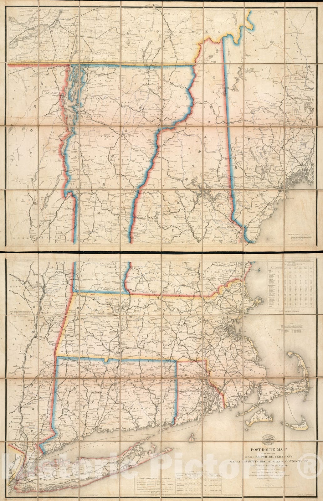 Historical Map, 1872 Post route map of the states of New Hampshire, Vermont, Massachusetts, Rhode Island, Connecticut, and parts of New York and Maine, Vintage Wall Art