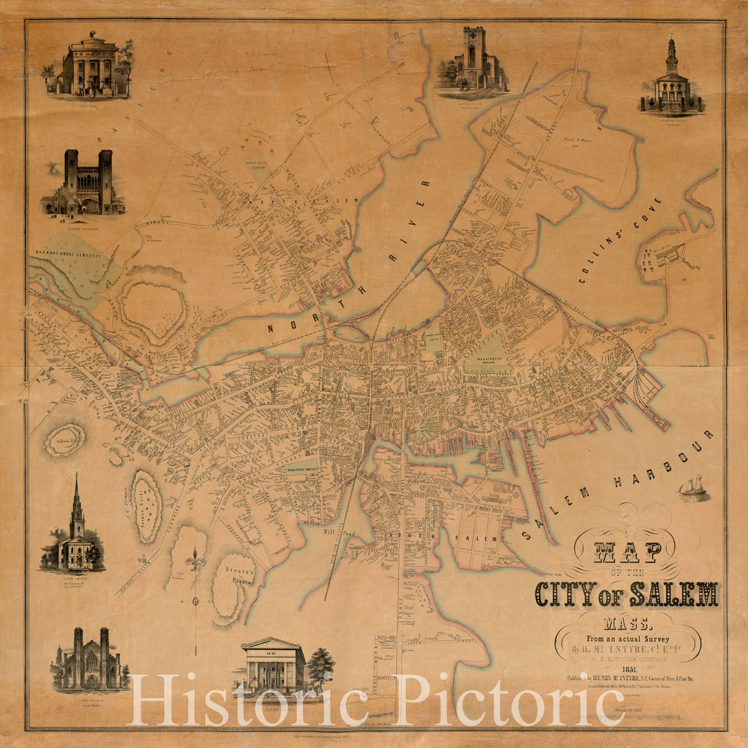 Historical Map, 1851 Map of The City of Salem, Mass : from an Actual Survey, Vintage Wall Art