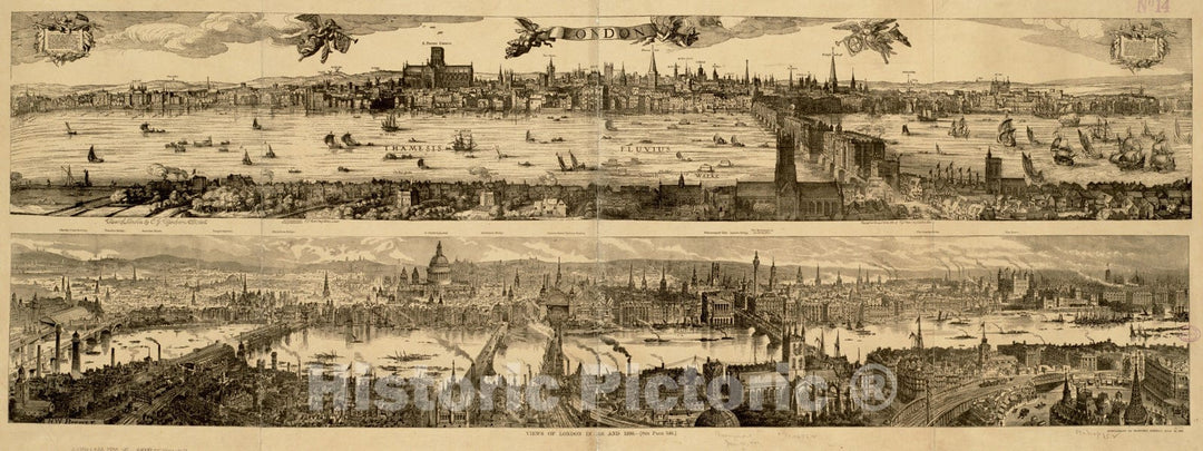 Historical Map, Views of London in 1616 and 1890, Vintage Wall Art