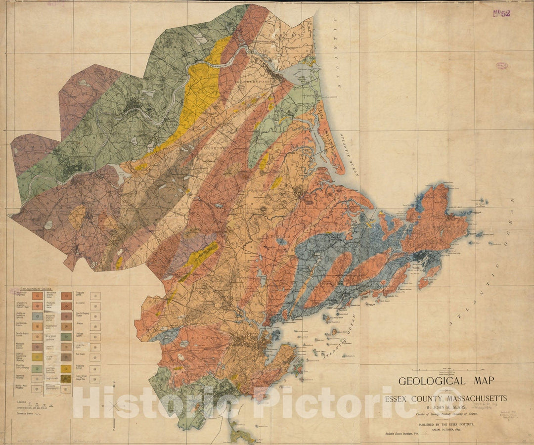 Historical Map, 1893 Geological map of Essex County, Massachusetts, Vintage Wall Art