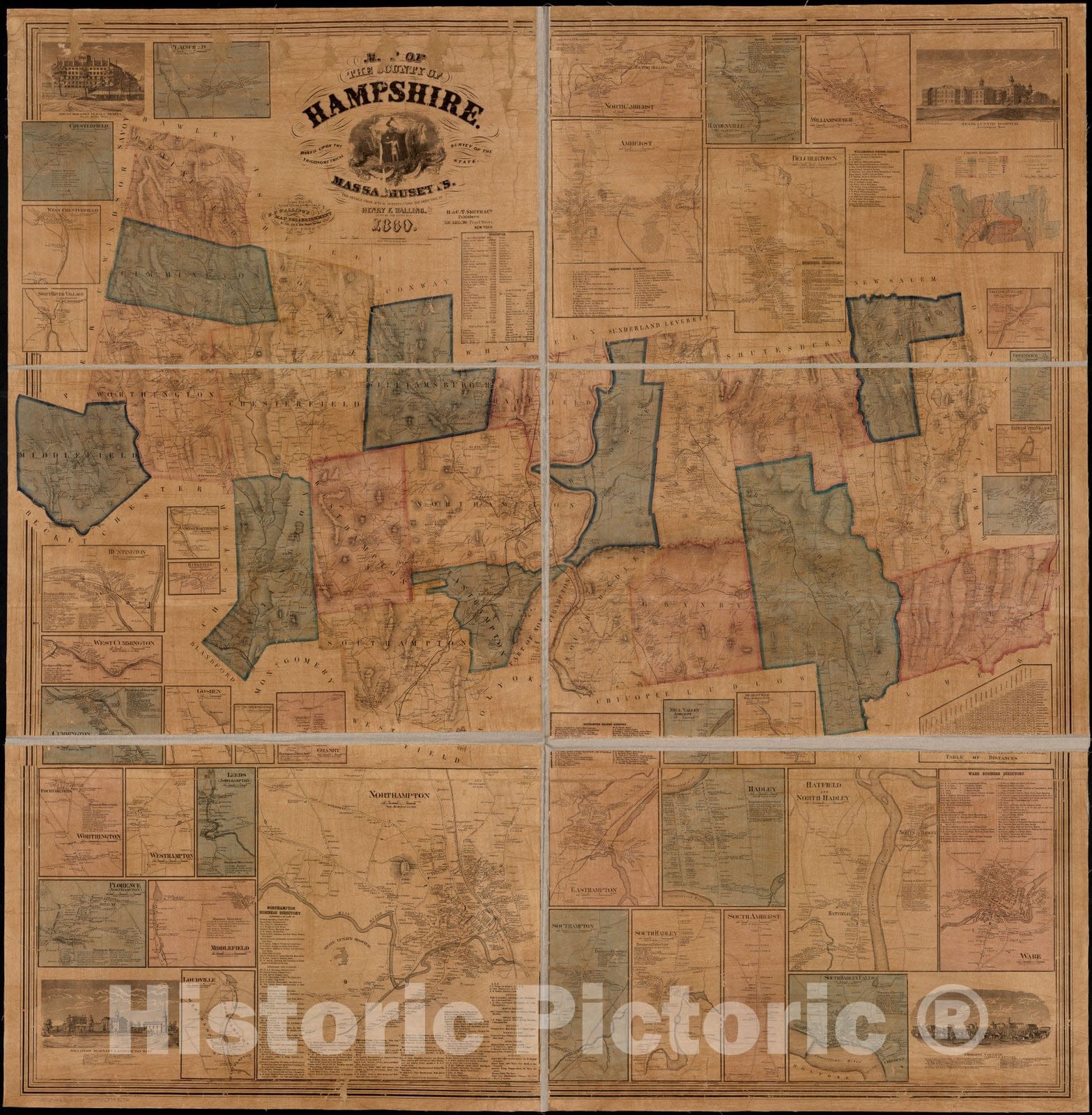 Historical Map, 1860 Map of The County of Hampshire, Massachusetts : Based Upon The Trigonometrical Survey of The State, Vintage Wall Art