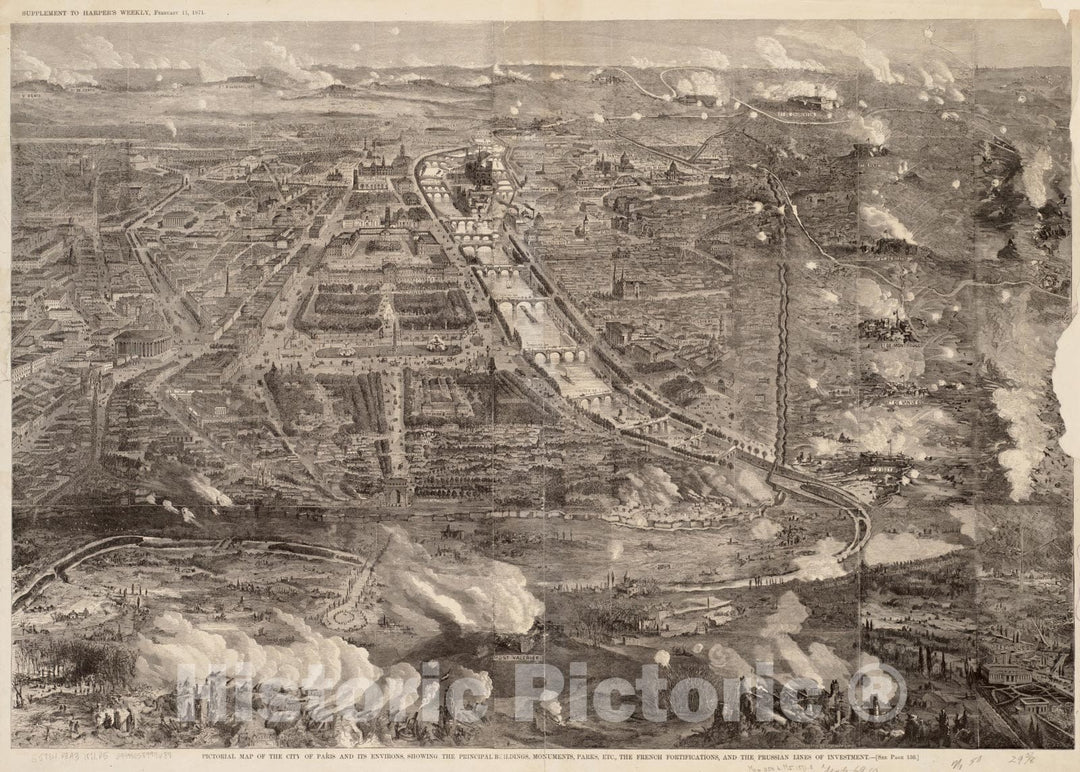 Historical Map, 1871 Pictorial map of the city of Paris and its environs, showing the principal buildings, monuments, parks etc, the French fortifications, Vintage Wall Art