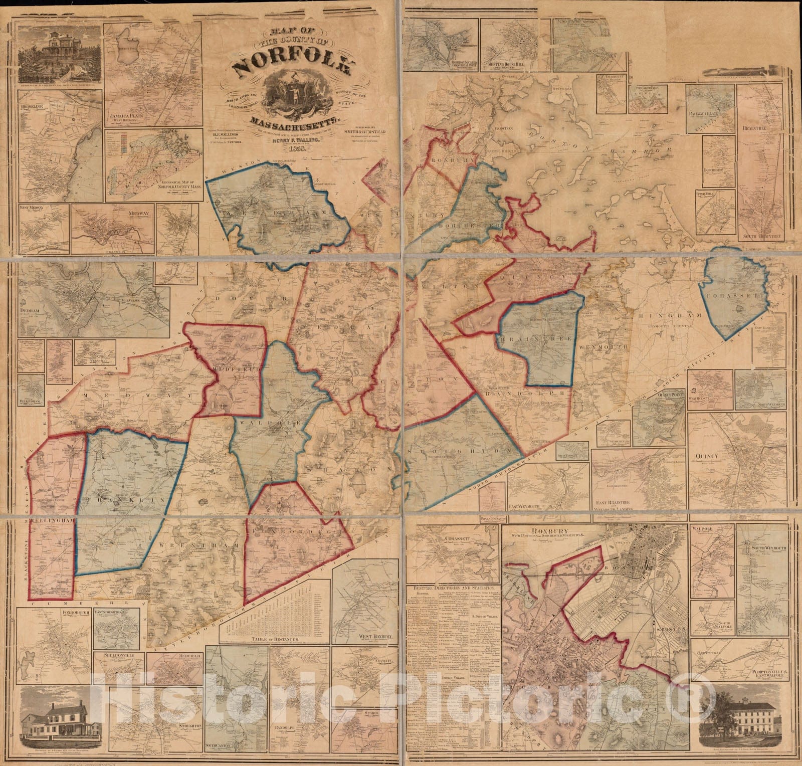 Historical Map, 1858 Map of The County of Norfolk, Massachusetts : Based Upon The Trigonometrical Survey of The State, Vintage Wall Art