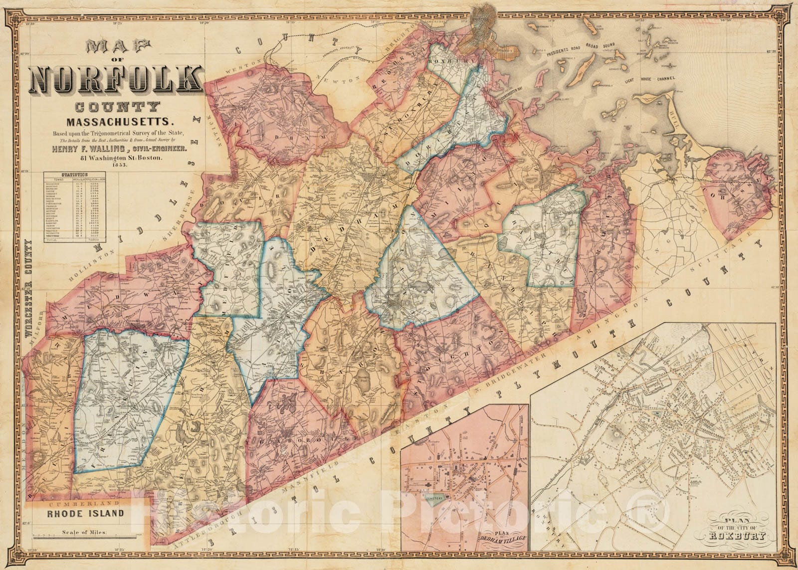 Historical Map, 1853 Map of Norfolk County, Massachusetts : Based Upon The Trigonometrical Survey of The State, Vintage Wall Art