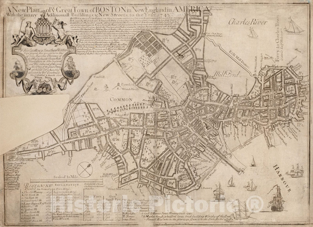 Historical Map, A New Plan of ye Great Town of Boston in New England in America, with The Many additionall Buildings & New Streets to The Year 1743, Vintage Wall Art