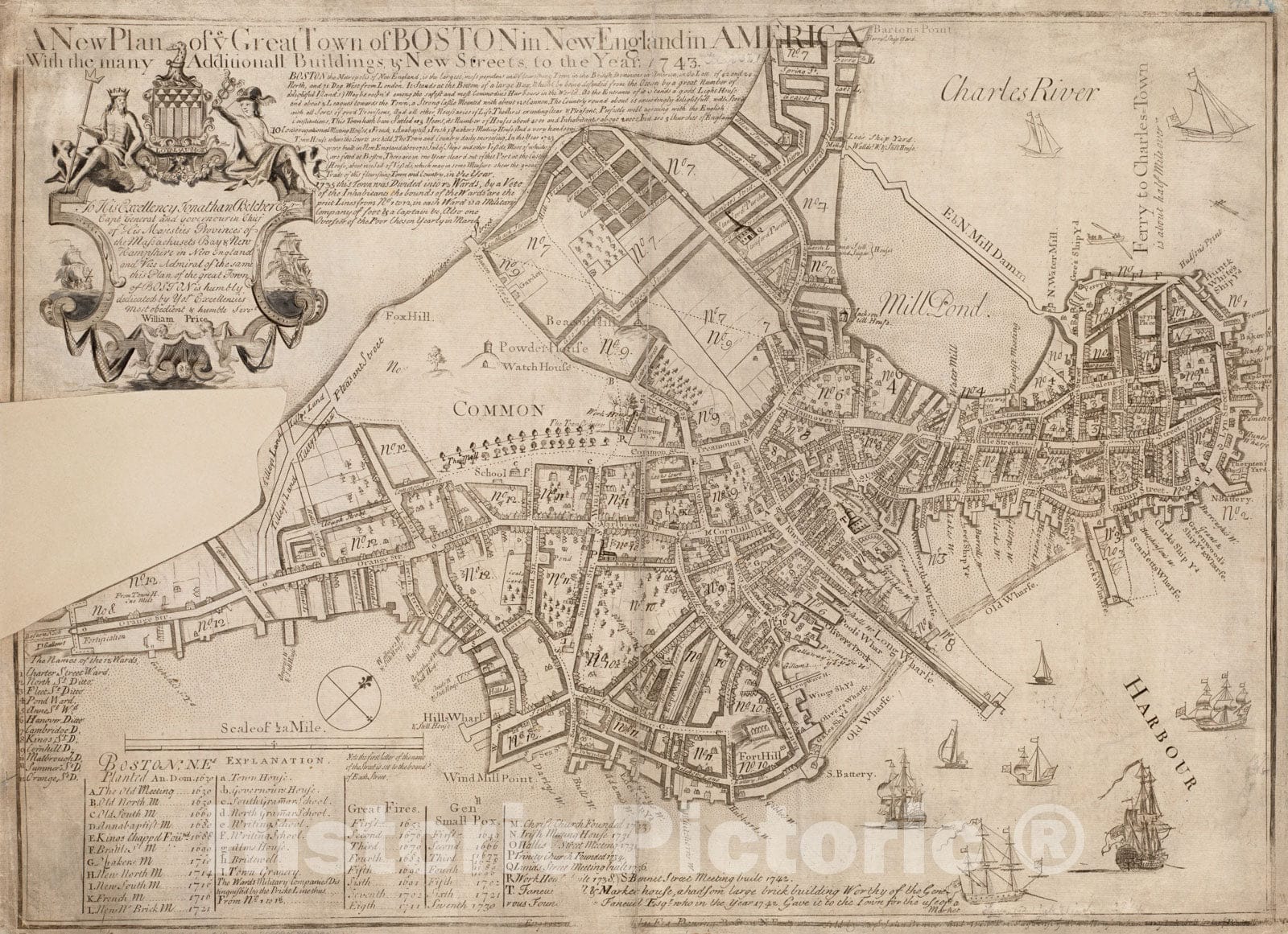 Historical Map, A New Plan of ye Great Town of Boston in New England in America, with The Many additionall Buildings & New Streets to The Year 1743, Vintage Wall Art