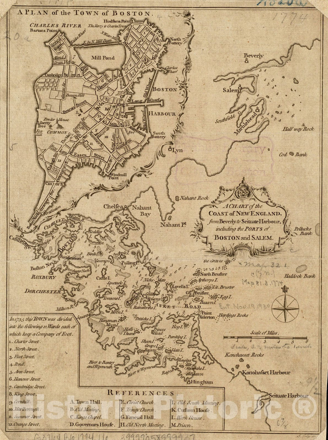 Historical Map, 1774 A Chart of The Coast of New England, from Beverly to Scituate Harbour, Including The Ports of Boston and Salem, Vintage Wall Art