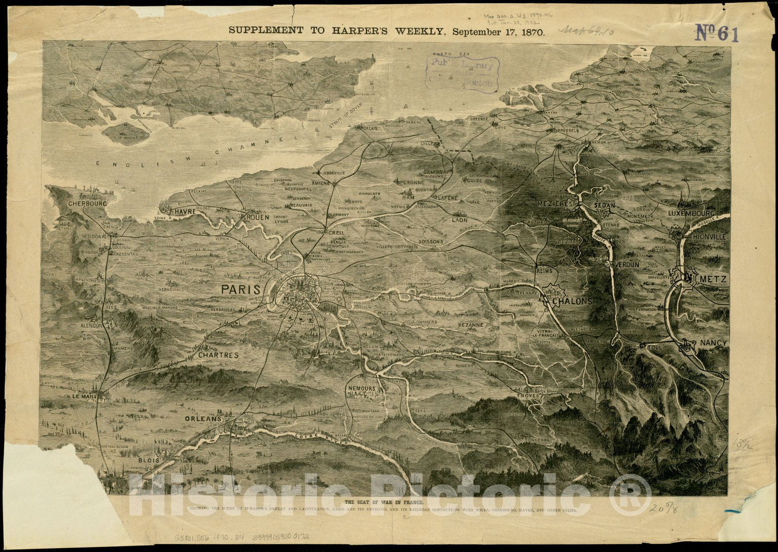 Historical Map, 1870 The seat of war in France, Showing The Scene of M'Mahon's Defeat and Capitulation, Paris and its Environs, and its Railroad Connections with Tours, Vintage Wall Art