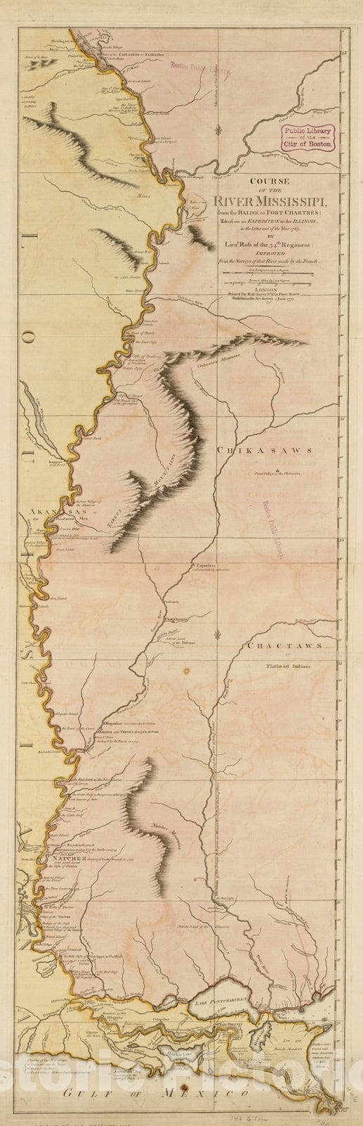 Historical Map, Course of The River Mississipi, from The Balise to Fort Chartres : Taken on an Expedition to The Illinois, in The Latter end of The Year 1765, Vintage Wall Art