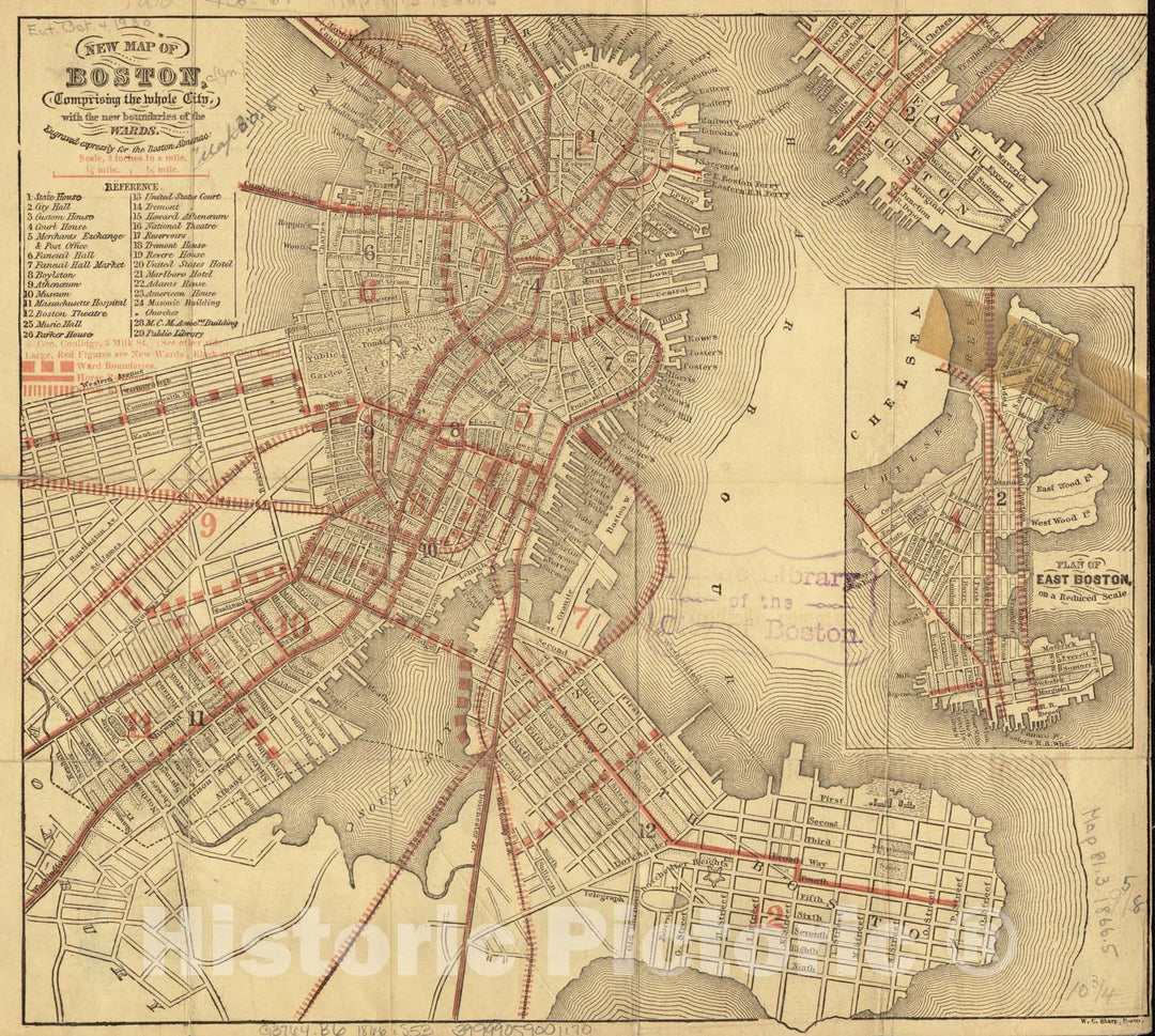 Historical Map, 1866 New map of Boston, comprising The Whole City, with The New Boundaries of The wards, Vintage Wall Art