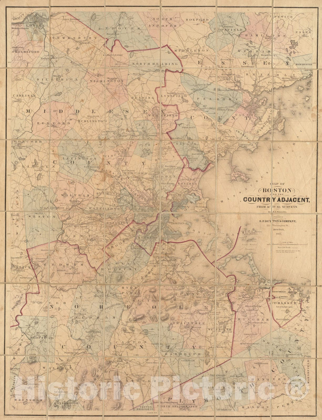 Historical Map, 1868 Map of Boston and The Country Adjacent, from Actual surveys, Vintage Wall Art