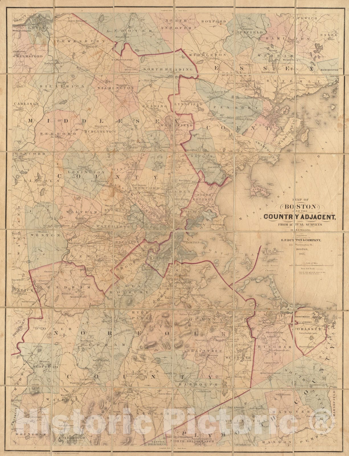 Historical Map, 1868 Map of Boston and The Country Adjacent, from Actual surveys, Vintage Wall Art