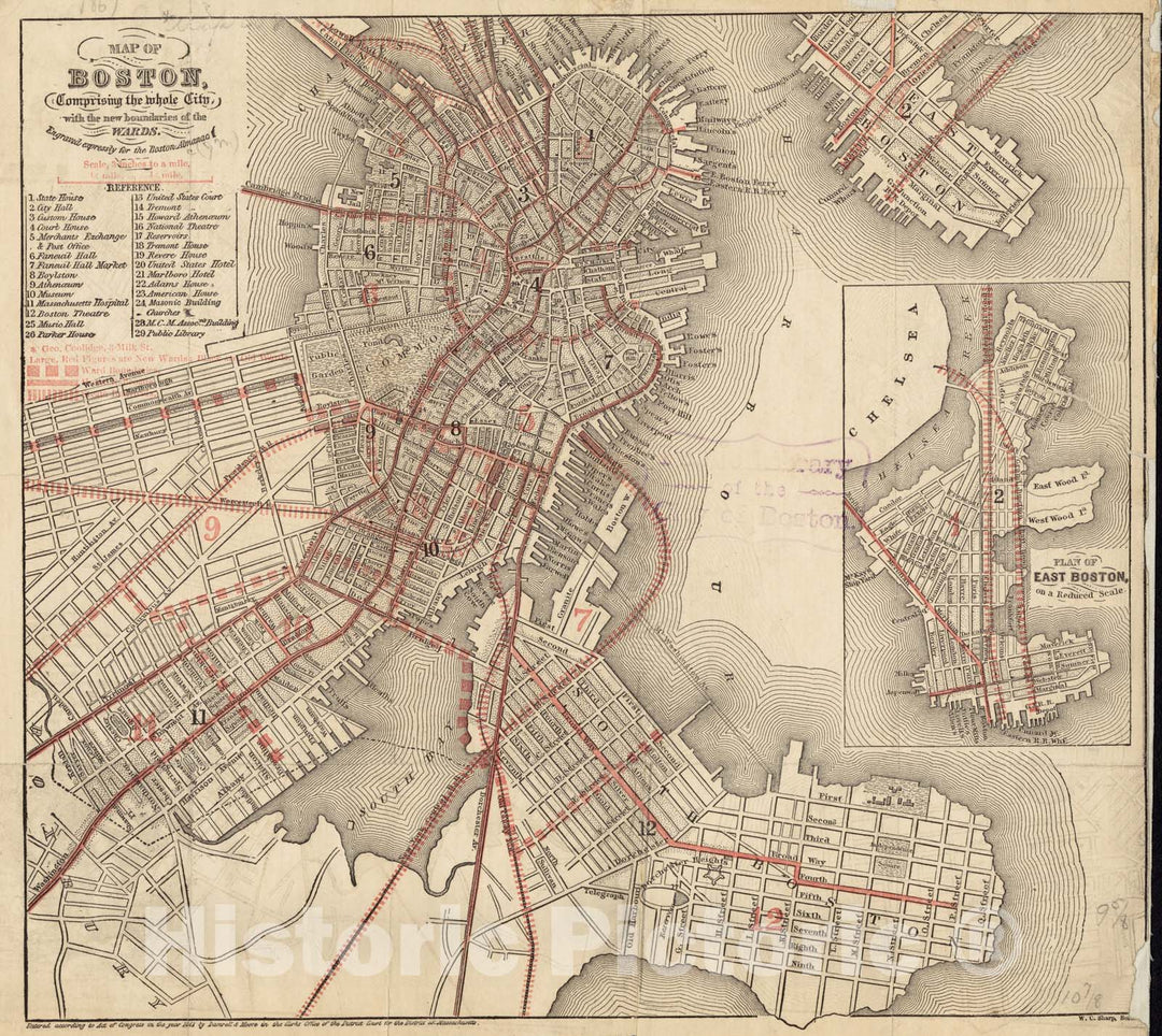 Historical Map, 1867 Map of Boston, comprising The Whole City, with The New Boundaries of The wards, Vintage Wall Art