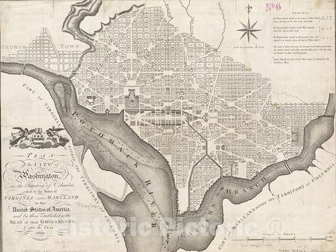 Historic Map : Plan of the City of Washington, in the Territory of Columbia, ceded by the States of Virginia and Maryland to the United States of America, 1795 , Vintage Wall Art