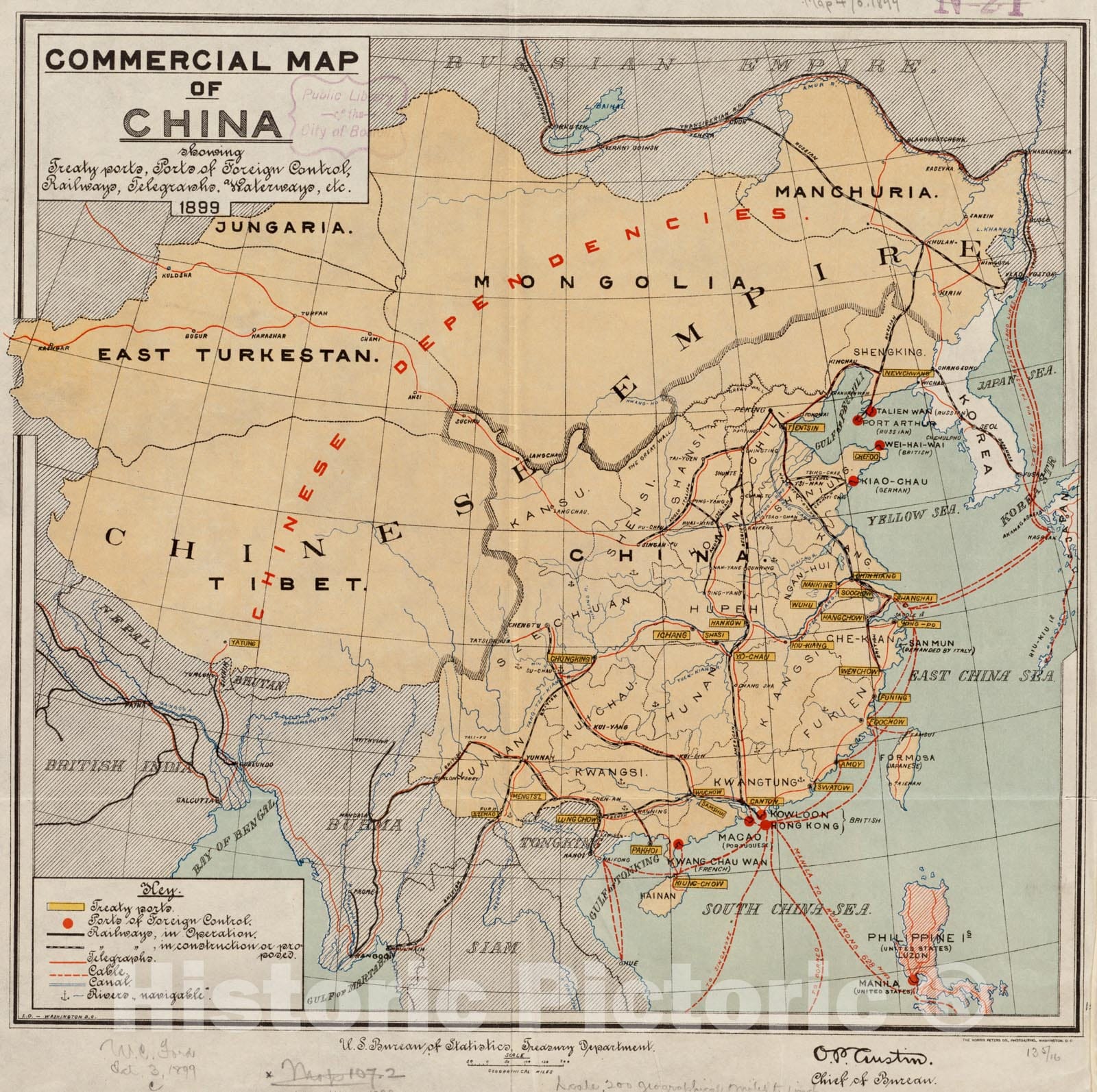 Historical Map, Commercial map of China : Showing Treaty Ports, Ports of Foreign Control, Railways, telegraphs, Waterways, etc, 1899, Vintage Wall Art