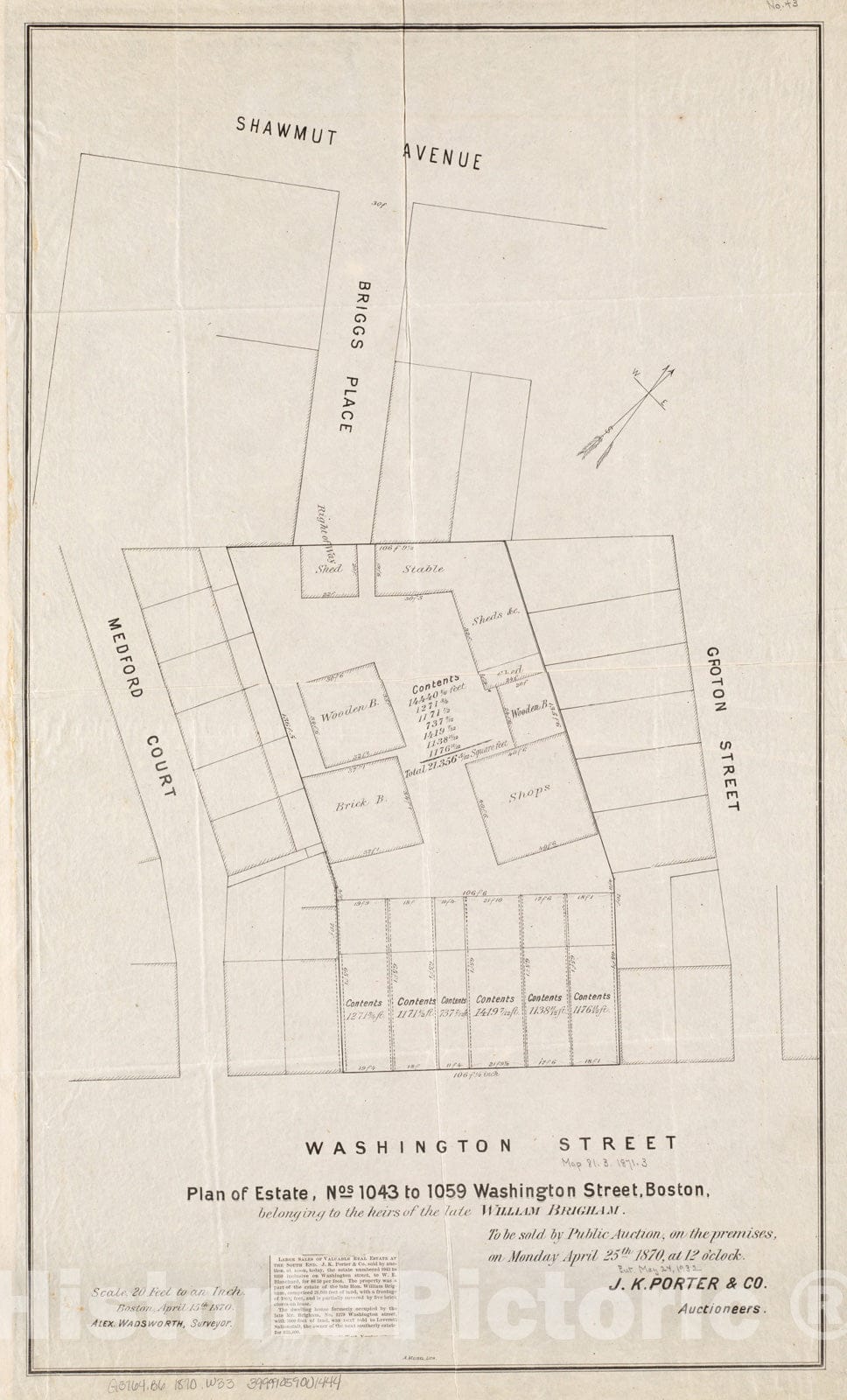 Historical Map, Plan of Estate, nos 1043 to 1059 Washington Street, Boston, Belonging to The heirs of The Late William Brigham : to be Sold by Public Auction, Vintage Wall Art