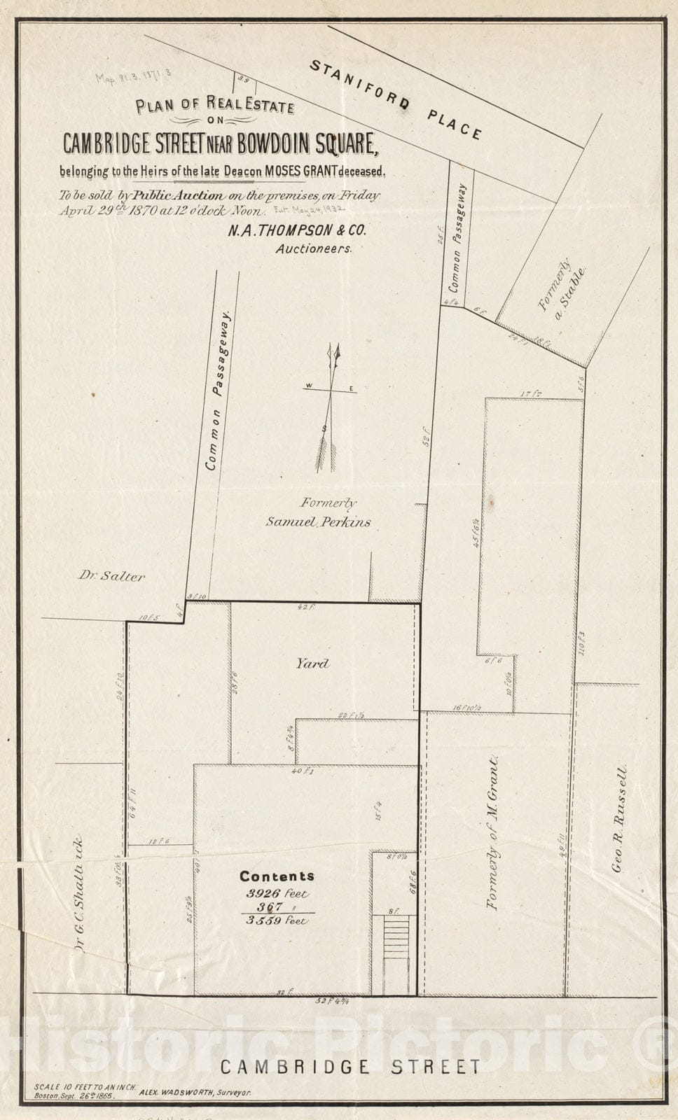 Historical Map, Plan of real estate on Cambridge Street near Bowdoin Square, belonging to the heirs of the late Deacon Moses, Vintage Wall Art