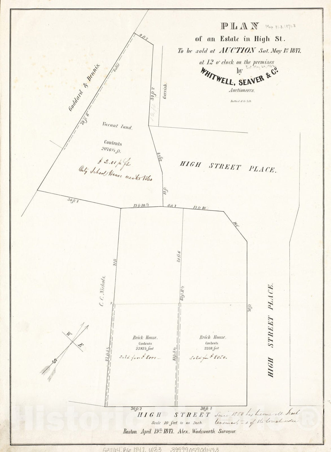 Historical Map, Plan of an Estate in High St. to be Sold at Auction Sat. May 1st 1847 at 12 o'clock on The Premises by Whitwell, Seaver & Co. Auctioneers, Vintage Wall Art