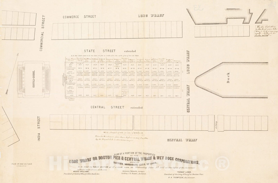 Historical Map, Plan of a Portion of The Properties of The Long Wharf or Boston Pier & Central Wharf & Wet Dock Corporatins, Showing Sixteen Warehouse Lots of Land, Vintage Wall Art