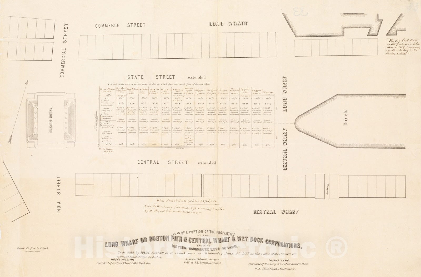 Historical Map, Plan of a Portion of The Properties of The Long Wharf or Boston Pier & Central Wharf & Wet Dock Corporatins, Showing Sixteen Warehouse Lots of Land, Vintage Wall Art