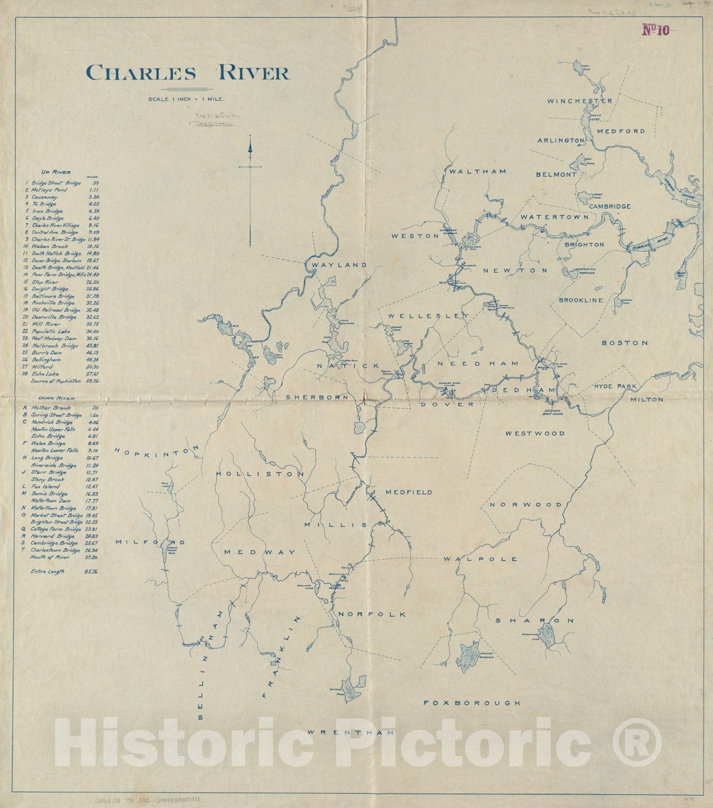 Historical Map, 1911 Charles River, Vintage Wall Art