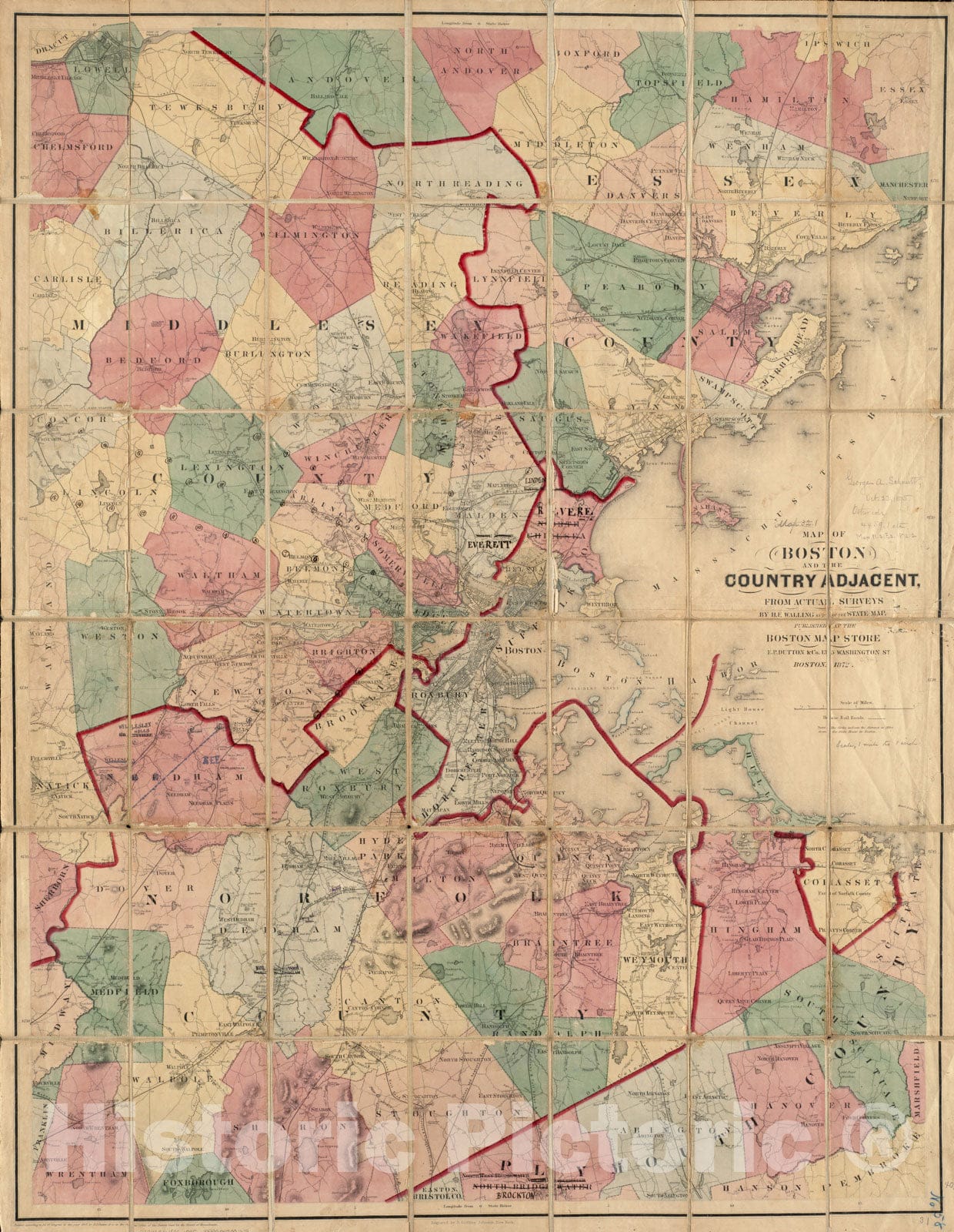 Historical Map, 1872 Map of Boston and The Country Adjacent, from Actual surveys, Vintage Wall Art