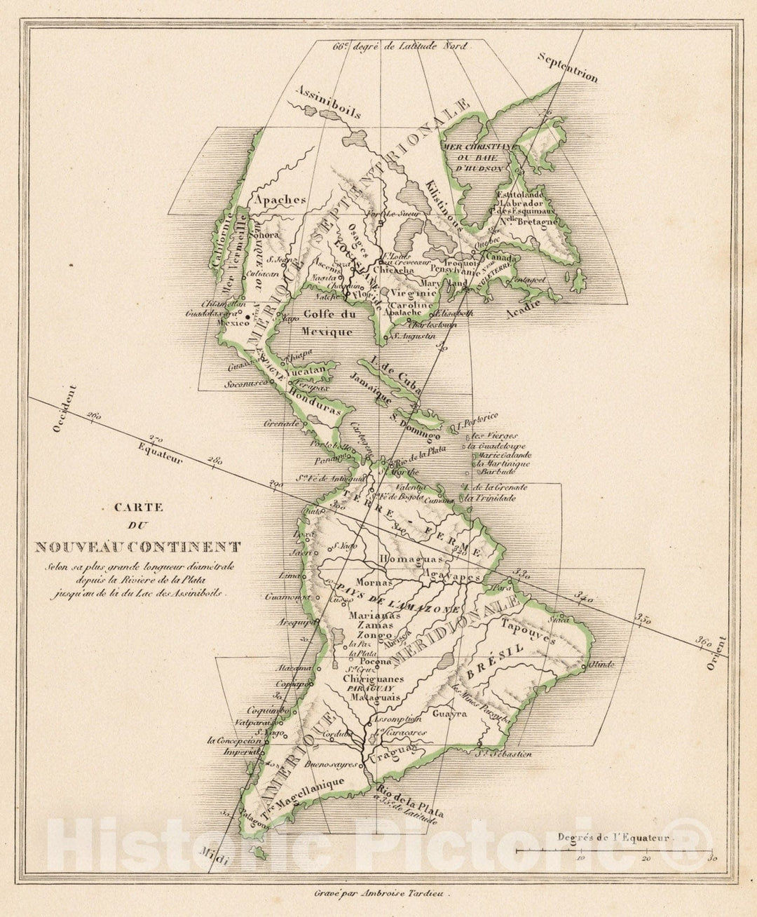 Historical Map, 1840 Carte du Nouveau Continent : selon sa Plus Grande Longueur diametrale Depuis la Riviere de la Plata jusqu'au de la du Lac des Assiniboils, Vintage Wall Art