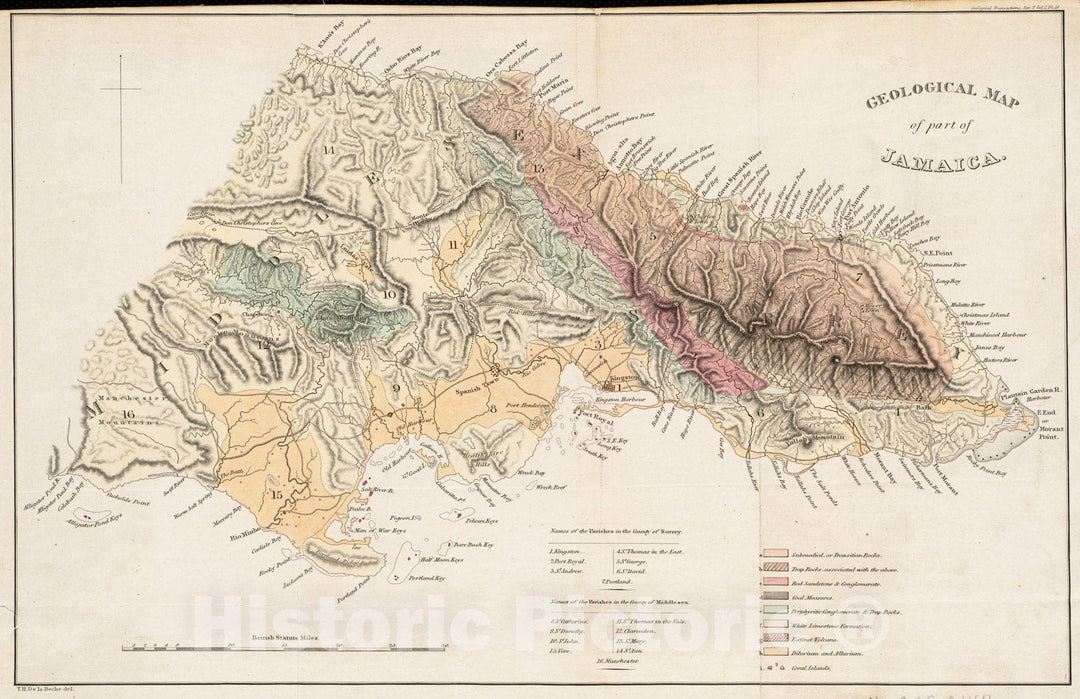 Historical Map, 1811-1855 Geological map of Part of Jamaica, Vintage Wall Art