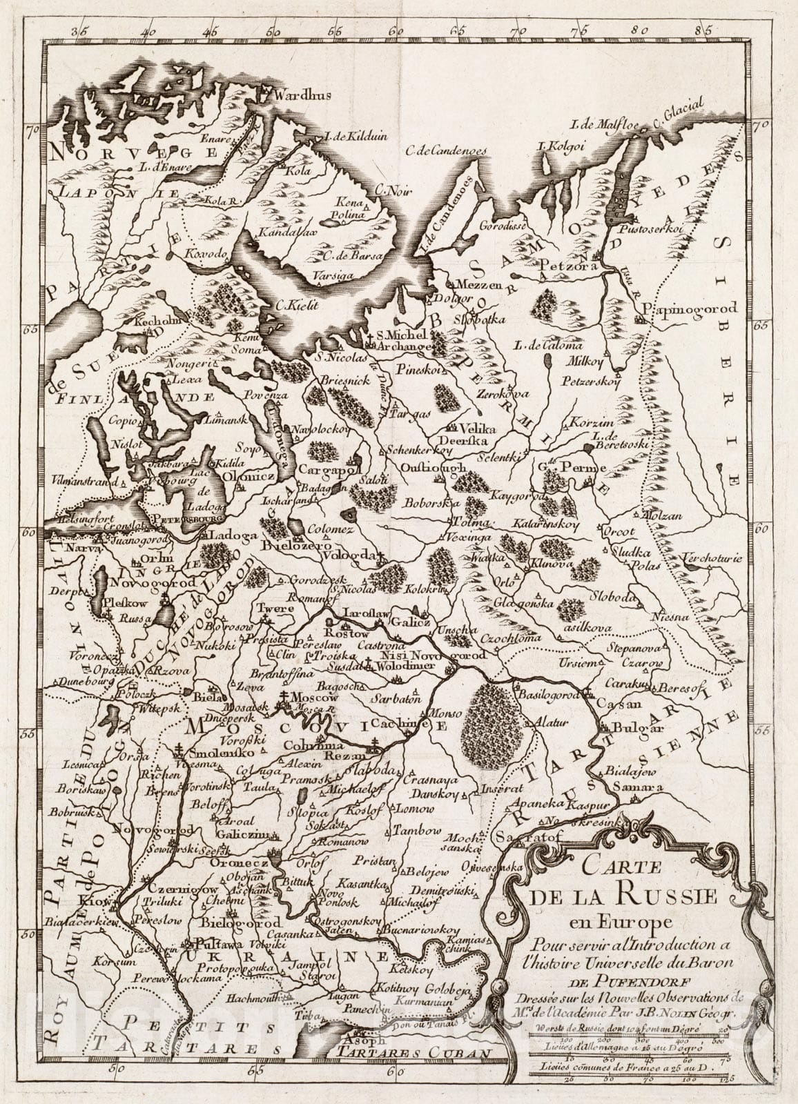 Historical Map, 1668-1708 Carte de la Russie en Europe : Pour servir al'Introduction a l'histoire universelle du Baron de Pufendorf, Vintage Wall Art