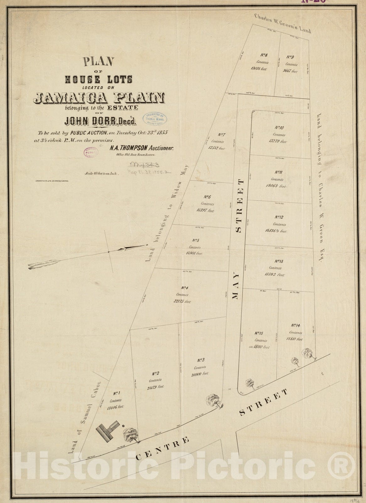 Historical Map, 1855 Plan of House Lots Located on Jamaica Plain Belonging to The Estate of John Dorr, dec'd, Vintage Wall Art