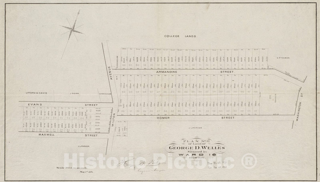 Historical Map, 1871 Plan no II of Land of George D. Welles situated in Ward 16 Boston, Vintage Wall Art