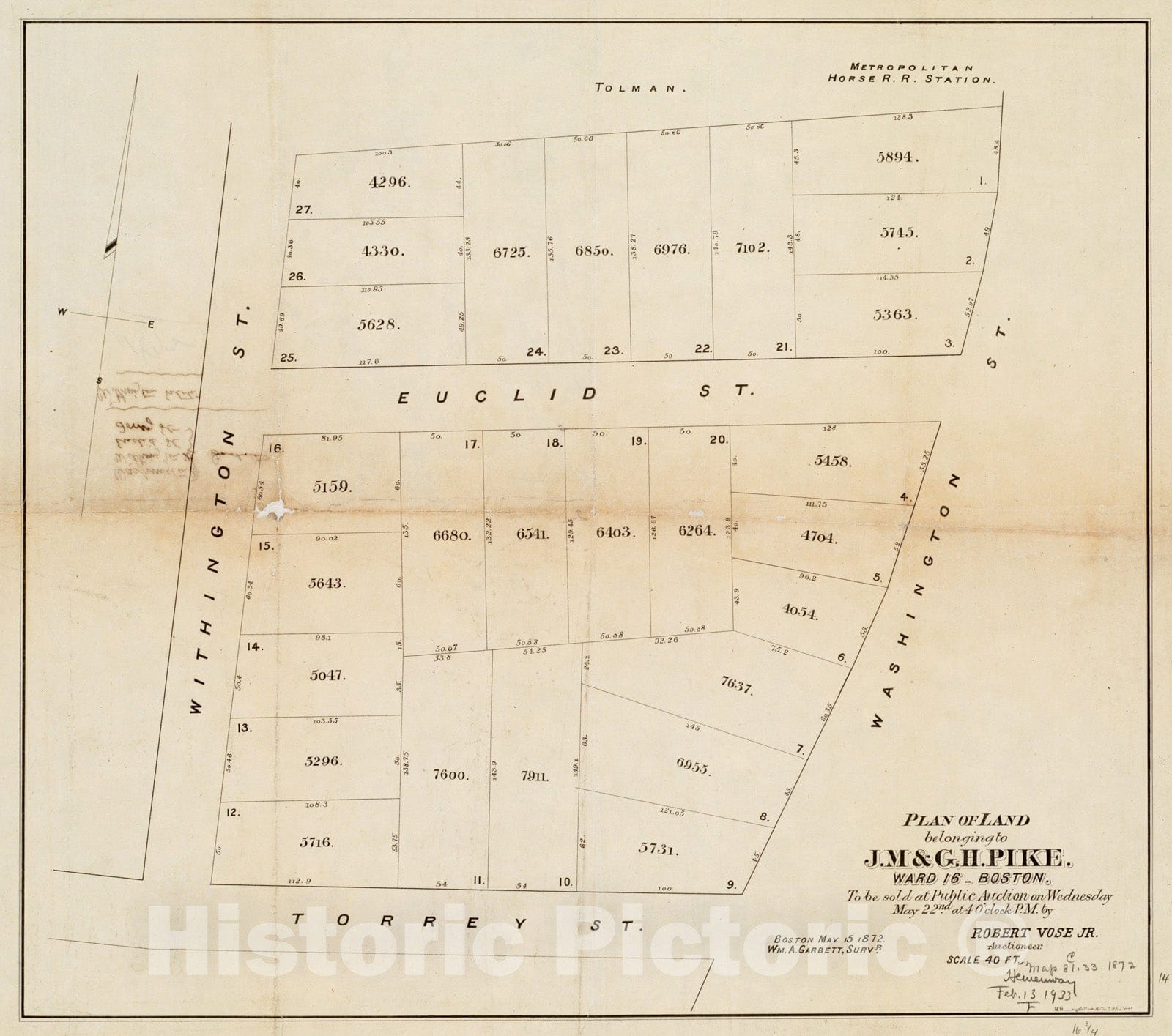 Historical Map, 1872 Plan of Land Belonging to J.M. & G.H. Pike : Ward 16 - Boston, Vintage Wall Art