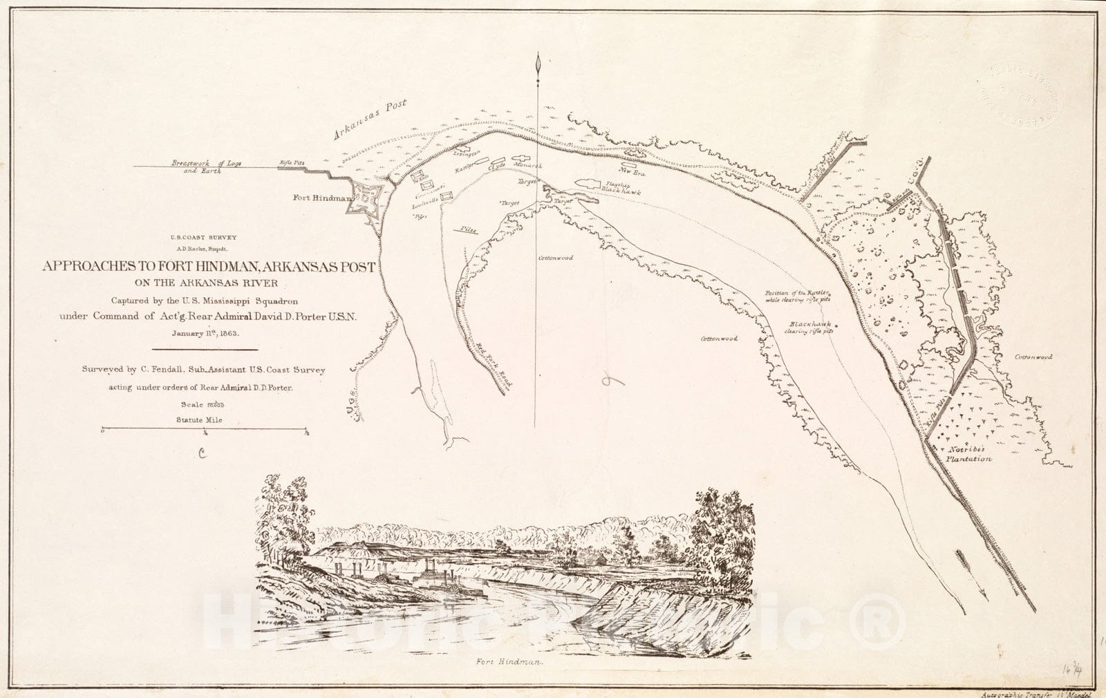 Historical Map, Approaches to Fort Hindman, Arkansas Post, on the Arkansas River : captured by the U.S. Mississippi Squadron, under command of Act'g. Rear Admiral Dav, Vintage Wall Art