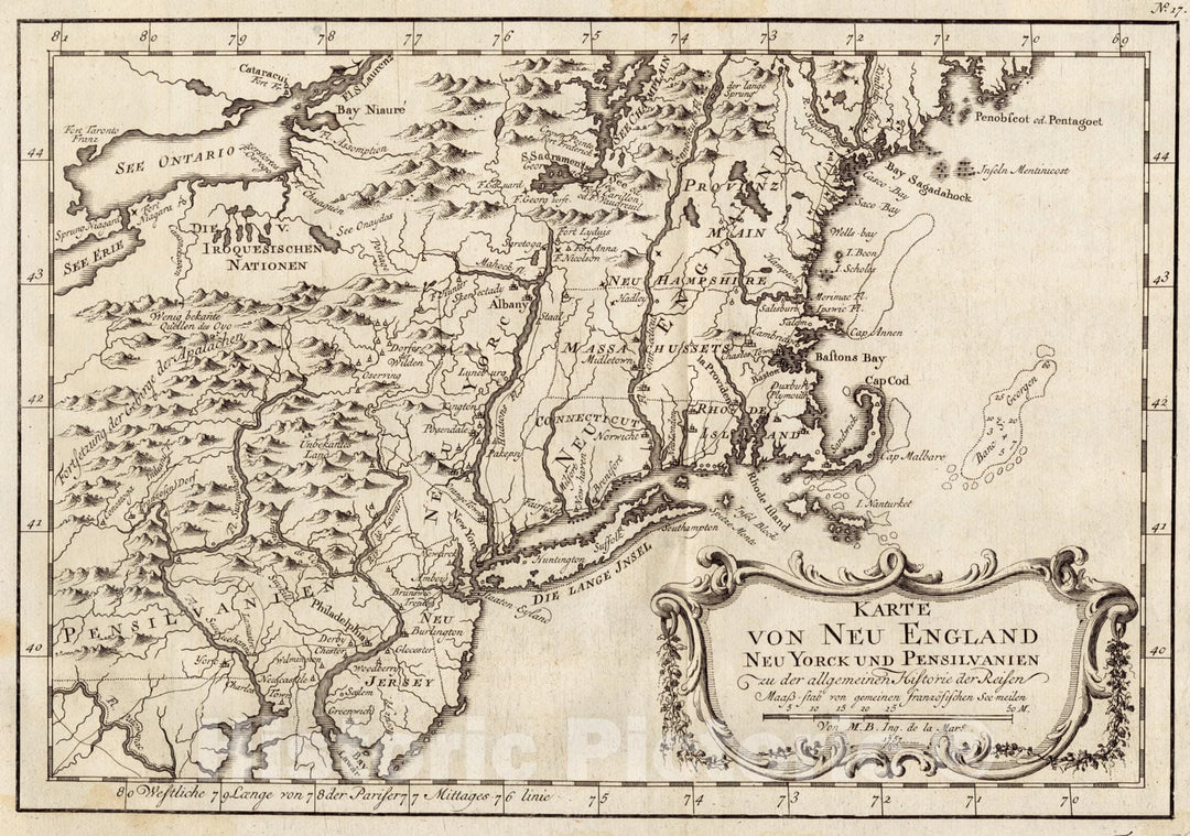 Historical Map, 1757 Karte von Neu England, Neu Yorck und Pensilvanien : sur Allgemeinen Historie der Reisen, Vintage Wall Art