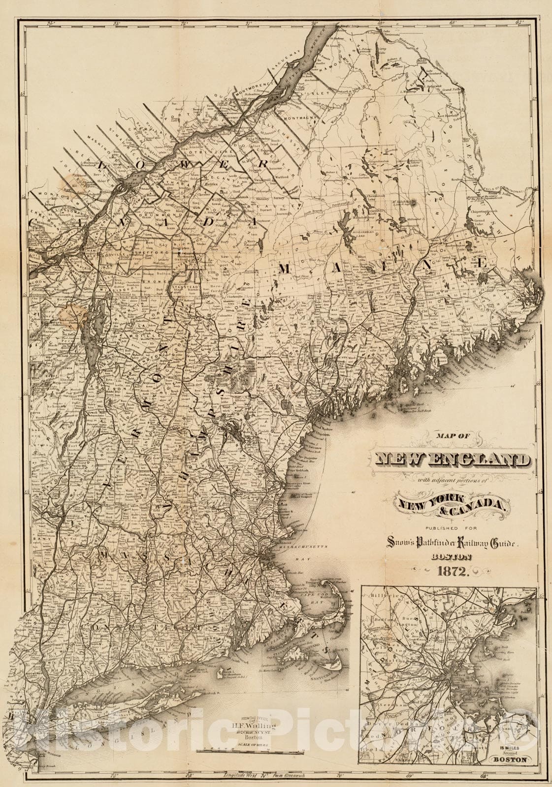 Historical Map, 1872 Map of New England : with adjacent portions of New York & Canada, Vintage Wall Art