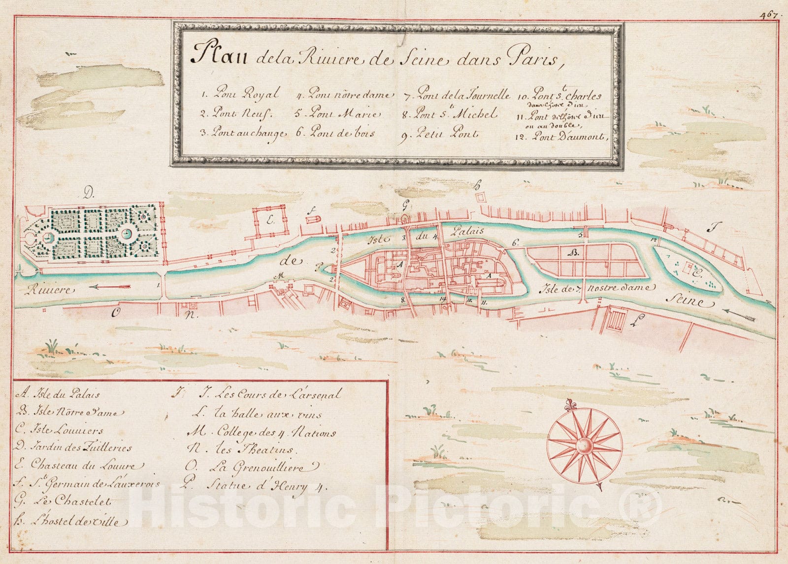 Historical Map, 1760 Plan de la Riviere de Seine Dans Paris, Vintage Wall Art