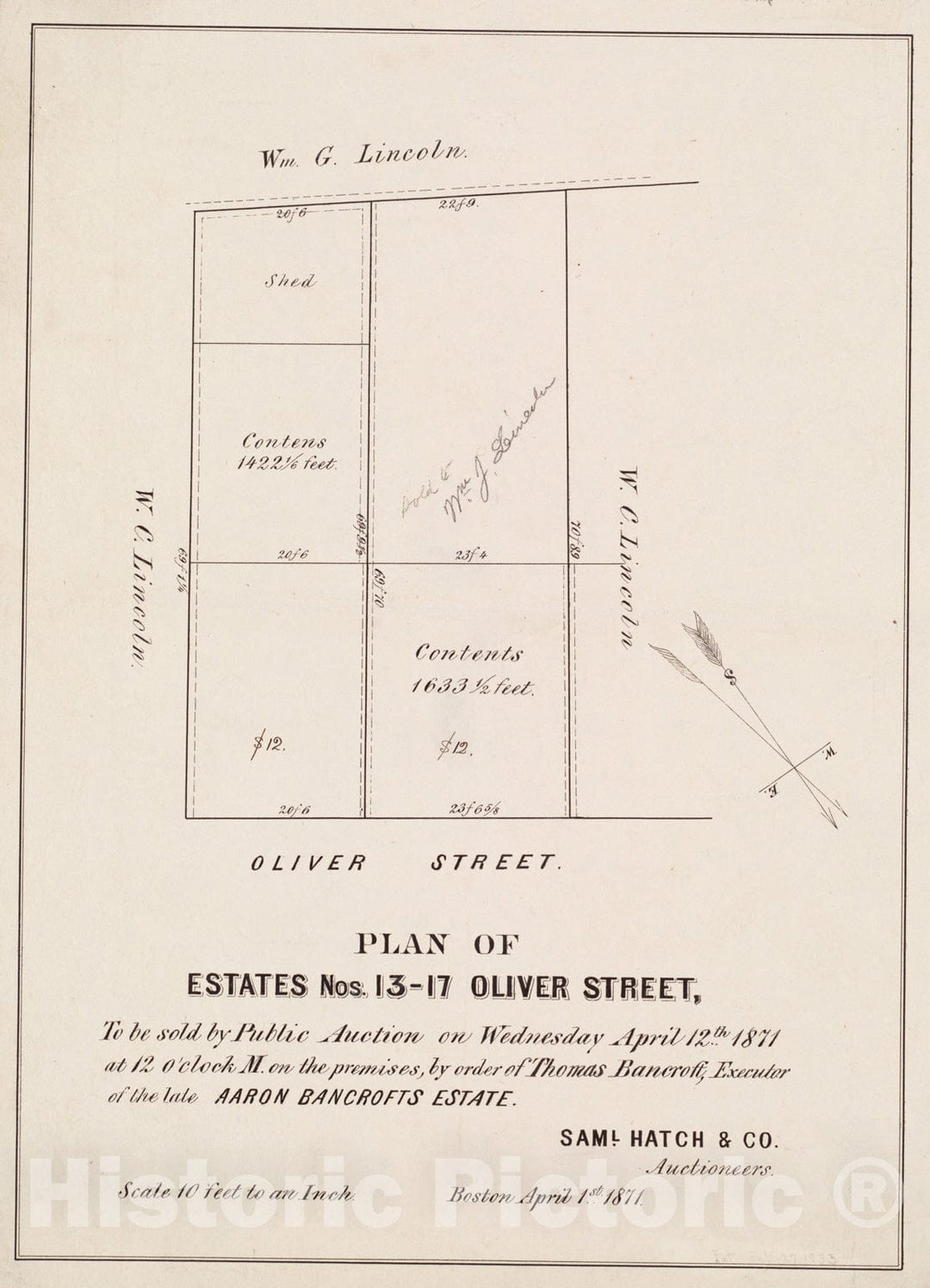 Historical Map, Plan of estates nos. 13-17 Oliver Street, to be sold by public auction on Wednesday April 12th 1871 at 12 o'clock m. on the premesis, by order of Thom, Vintage Wall Art