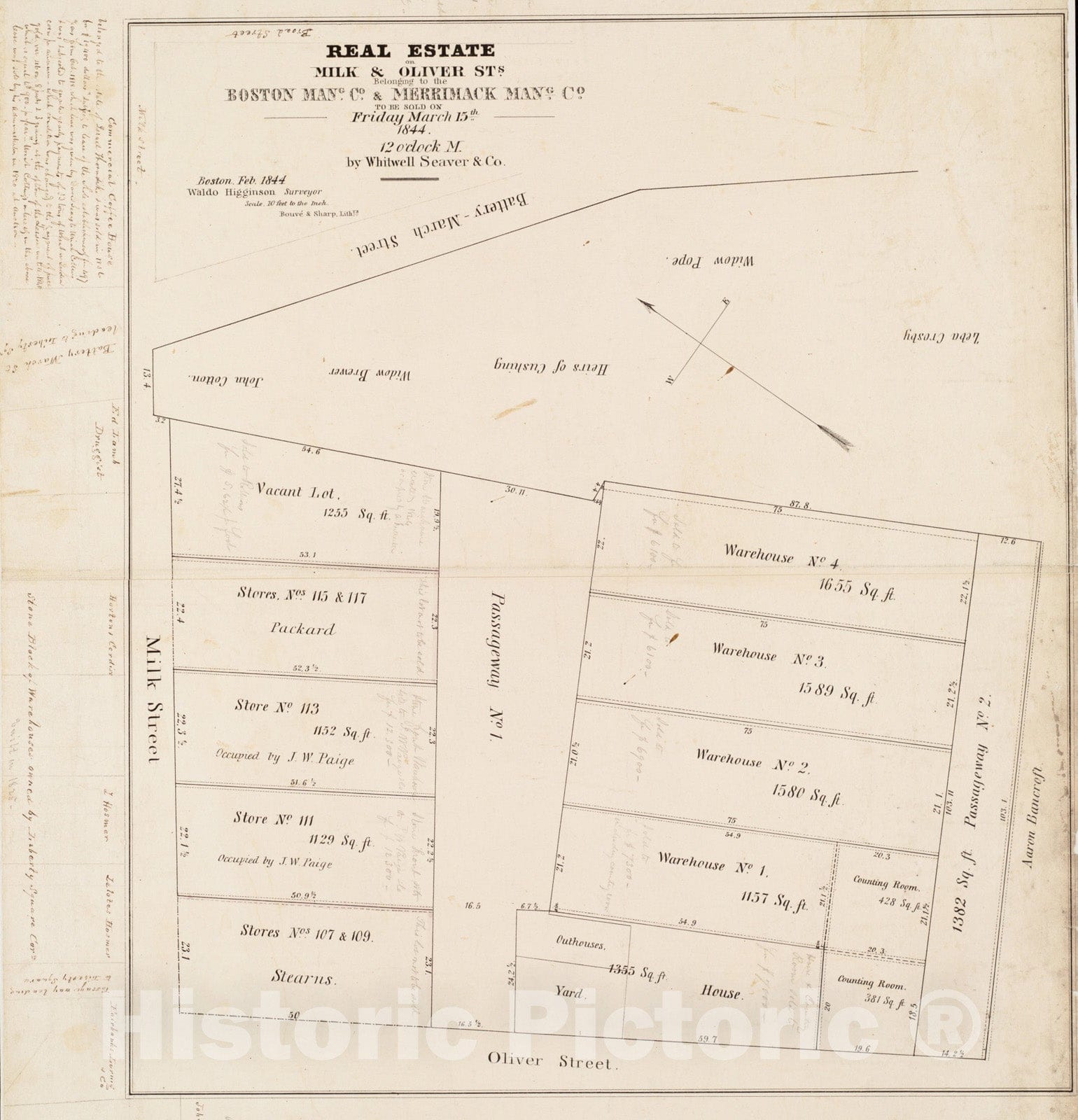 Historical Map, Real estate on Milk & Oliver Sts. belonging to the Boston Mang. Co. & Merrimack Mang. Co. to be sold on Friday, March 15th 1844, Vintage Wall Art