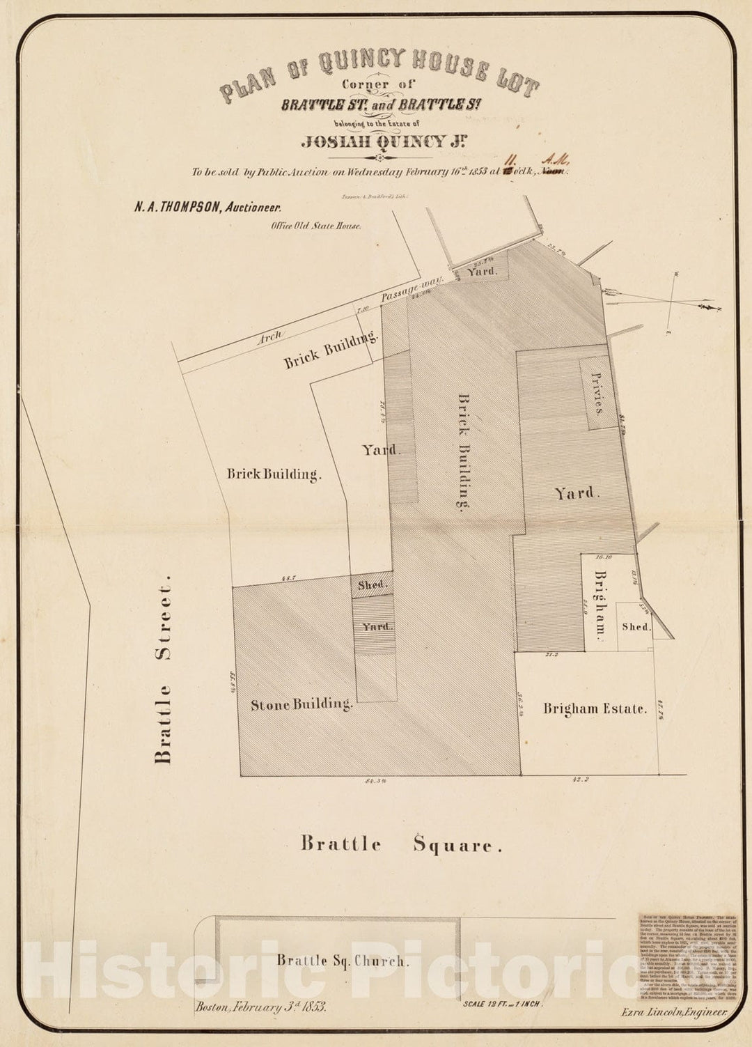 Historical Map, Plan of Quincy House lot, corner of Brattle St. and Brattle Sq. belonging to the estate of Josiah Quincy Jr, 1853, Vintage Wall Art