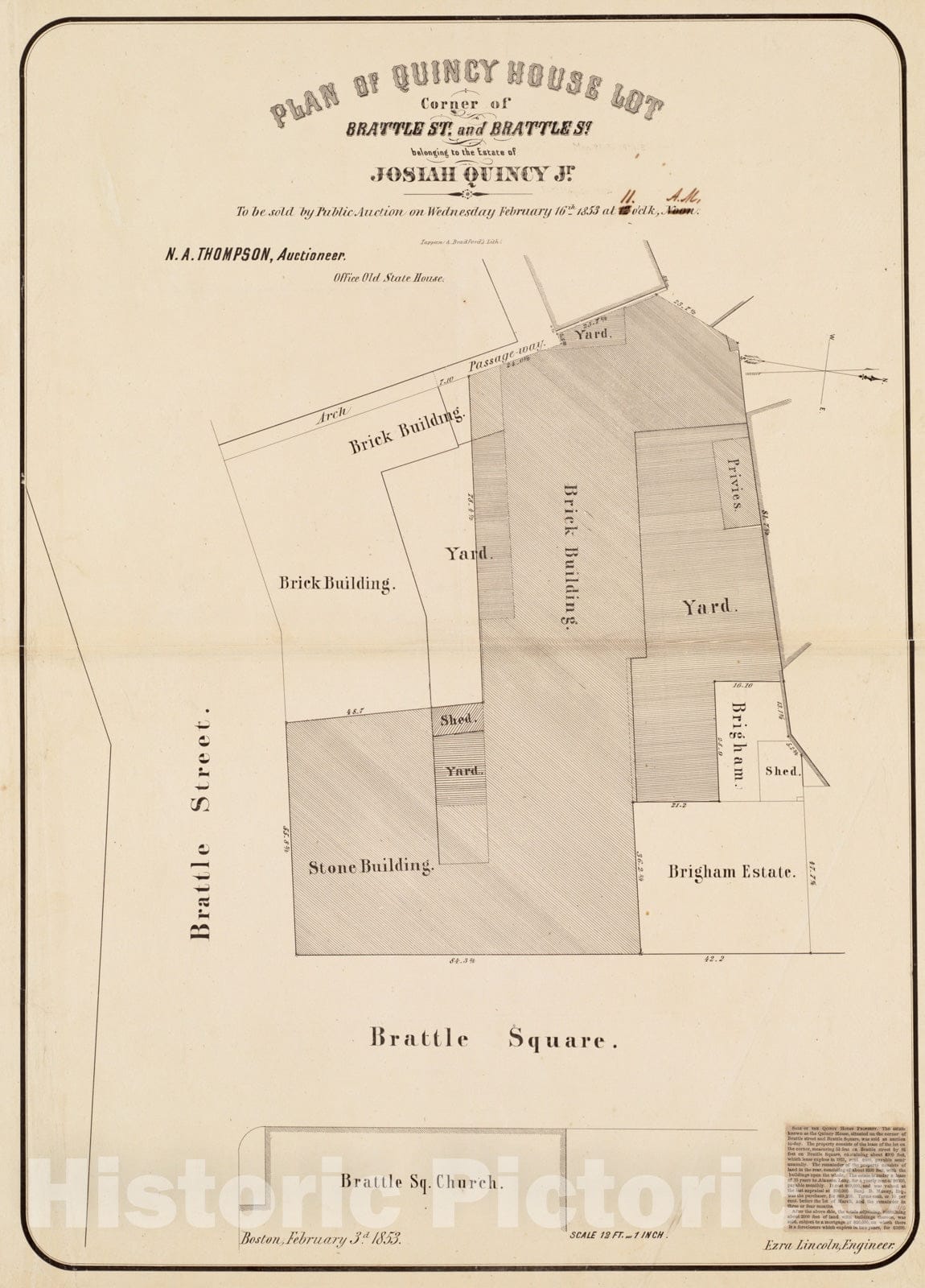 Historical Map, Plan of Quincy House lot, corner of Brattle St. and Brattle Sq. belonging to the estate of Josiah Quincy Jr, 1853, Vintage Wall Art