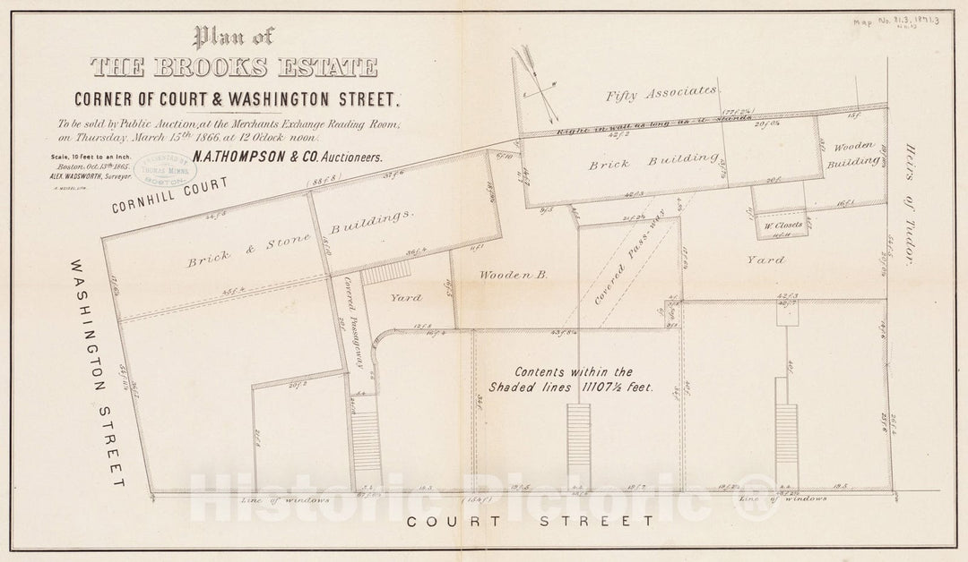 Historical Map, Plan of The Brooks Estate Corner of Court & Washington Street : to be Sold at Public Auction, at The Merchants Exchange Reading Room, 1866, Vintage Wall Art