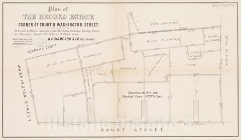 Historical Map, Plan of The Brooks Estate Corner of Court & Washington Street : to be Sold at Public Auction, at The Merchants Exchange Reading Room, 1866, Vintage Wall Art