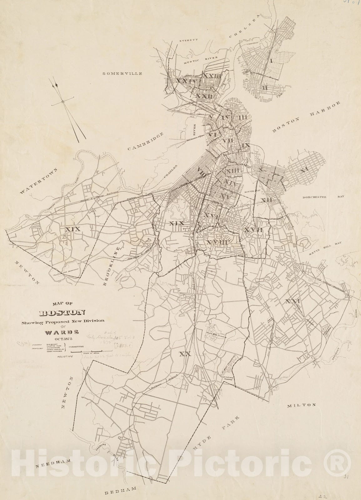 Historical Map, Map of Boston Showing Proposed New Division of wards Oct. 1875, Vintage Wall Art