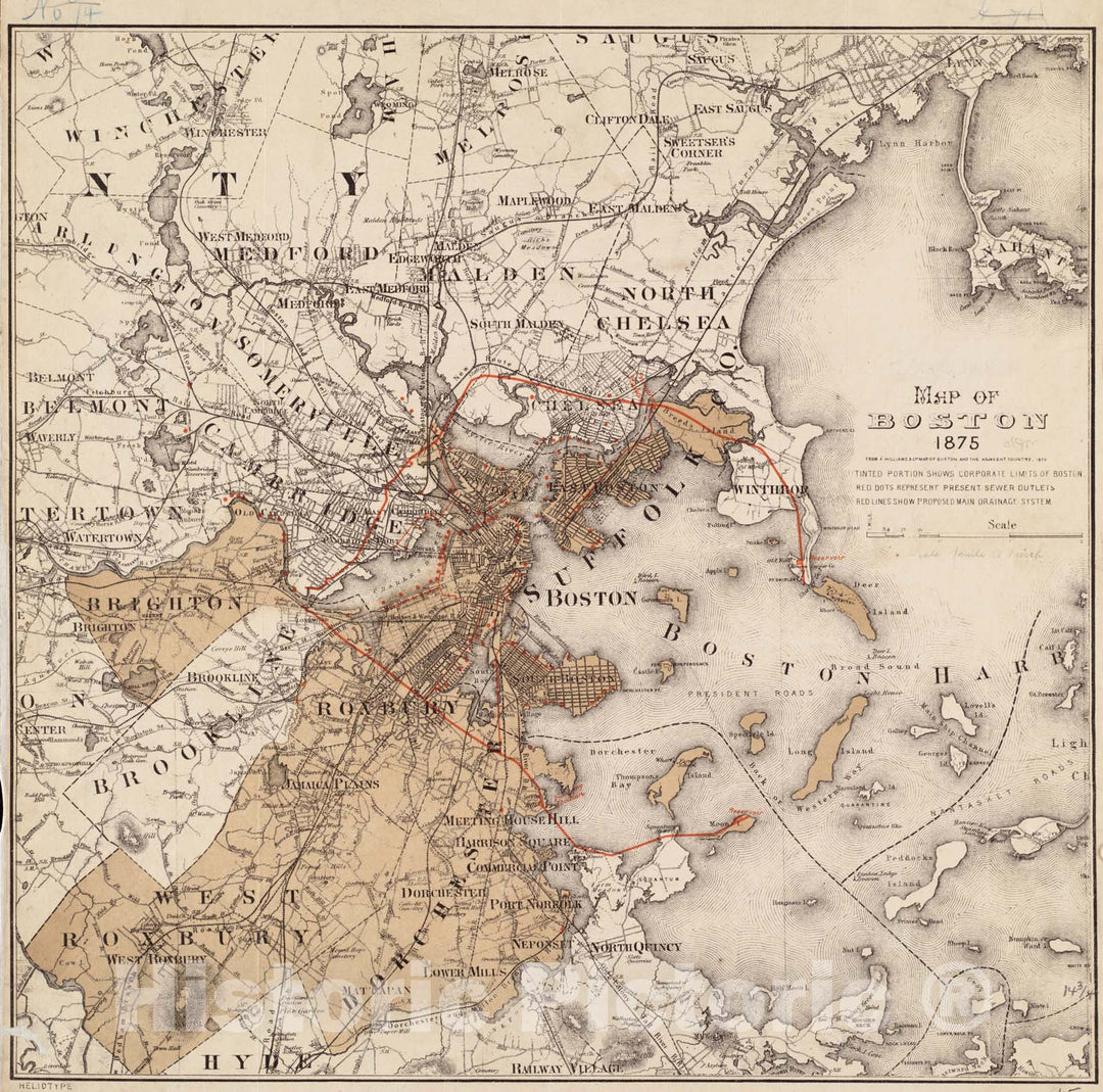 Historical Map, Map of Boston 1875 : from A. Williams & Cos. map of Boston and The Adjacent Country, 1872, Vintage Wall Art