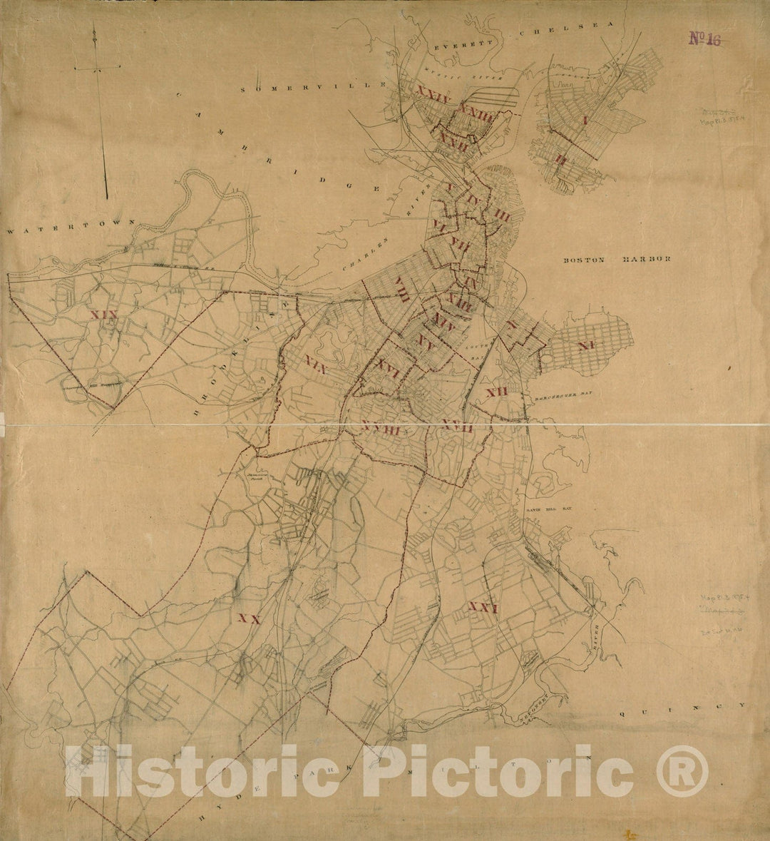 Historical Map, 1875 [Map of Boston, Showing The New wards], Vintage Wall Art