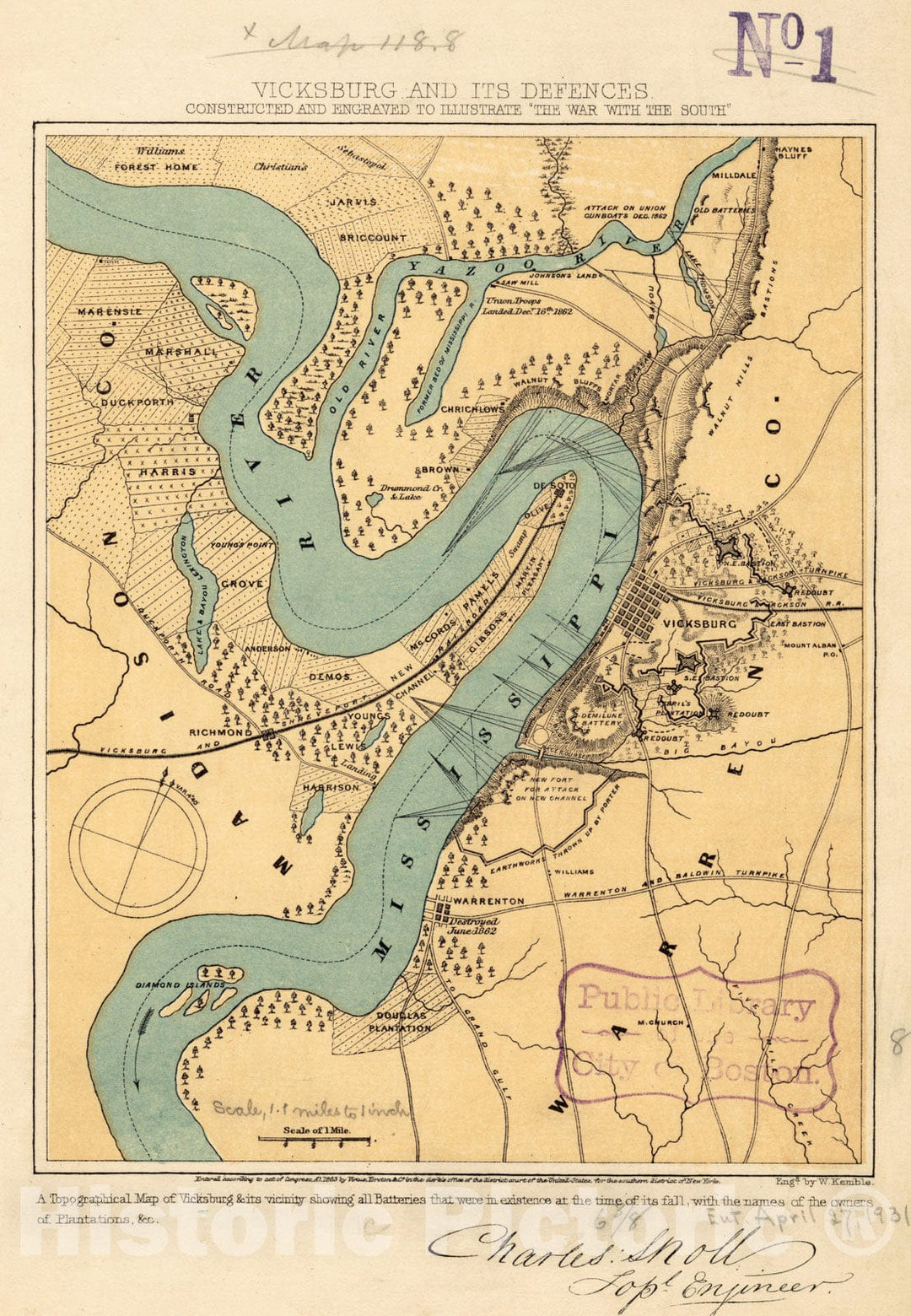 Historical Map, ca. 1863 Vicksburg and its defences : Constructed and Engraved to illustrate 'The war with The South', Vintage Wall Art