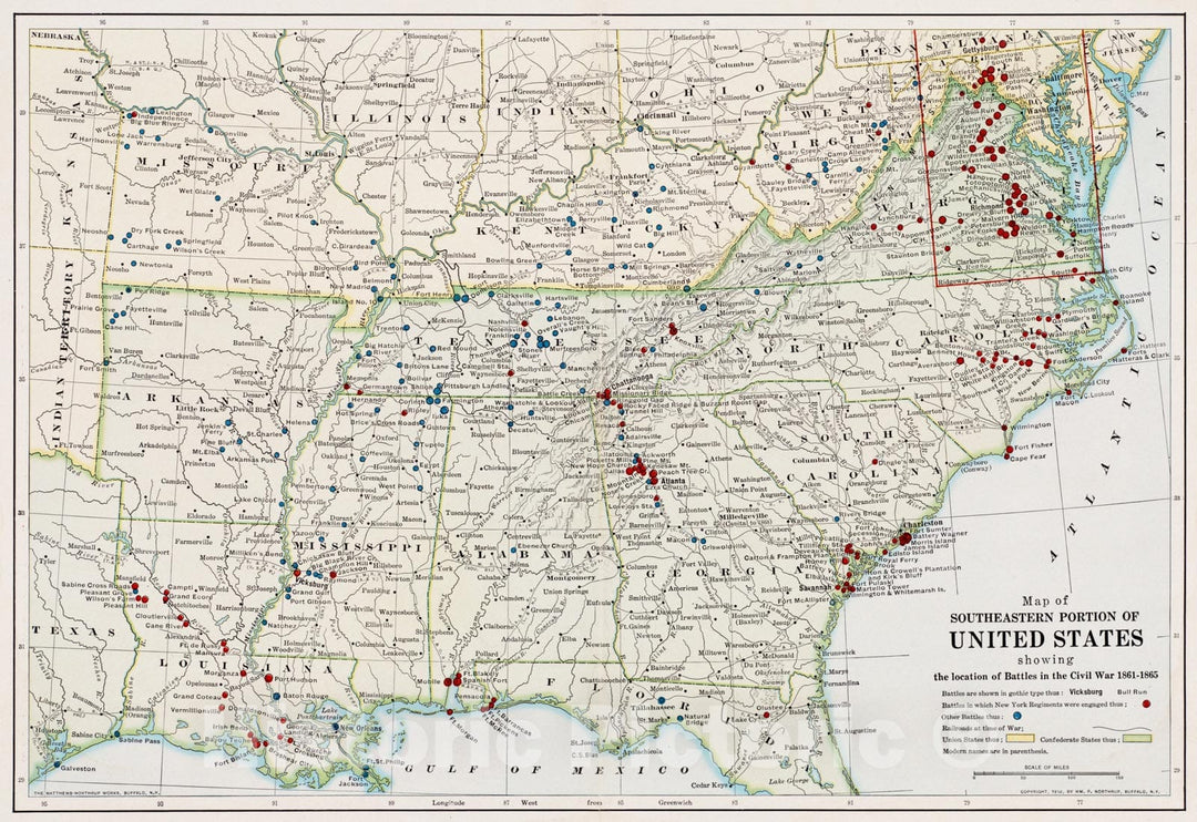 Historical Map, Map of Southeastern Portion of United States Showing The Location of Battles in The Civil War 1861-1865, Vintage Wall Art